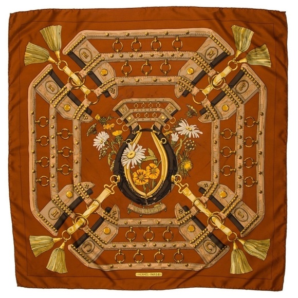 Hermès Vintage Brown Square Aux Champs Equestrian Floral Print Silk Scarf 90cm - Picture 1 of 12